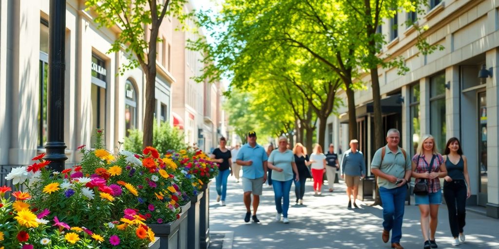 Menschen spazieren in einer blühenden Frühlingsstadt.