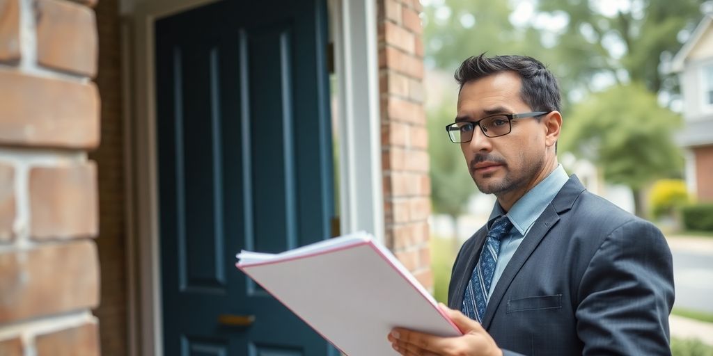 Process server delivering documents at a residential doorstep.