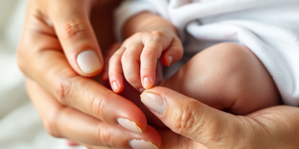 Mãos segurando um bebê recém-nascido com cuidado