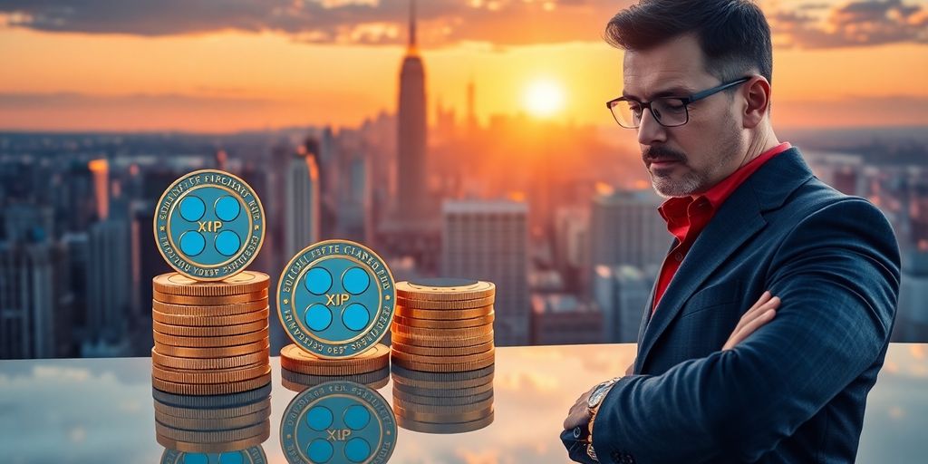 Is This Ripple XRP Comeback of the Year? 4 Ripple XRP coins with a city skyline and sunset backdrop.