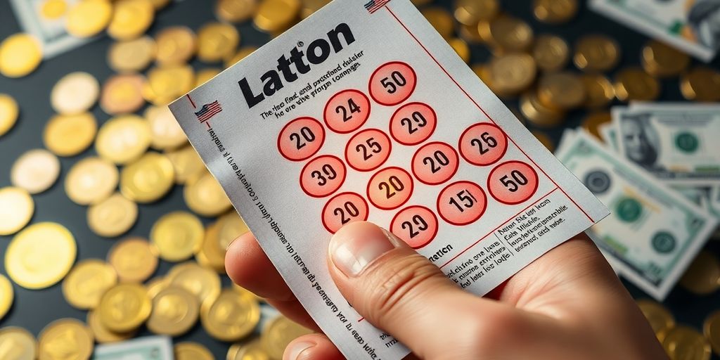 Winning lottery ticket with cash and coins around it.