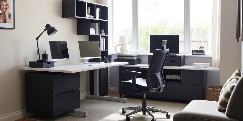 Modern home office with customizable furniture and bright lighting.