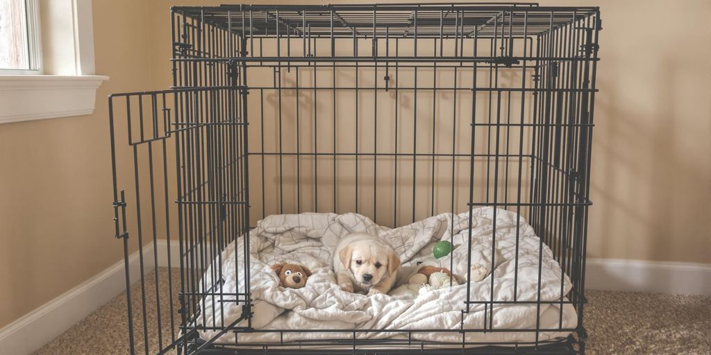 Puppy crate with toys and blanket in bright room.