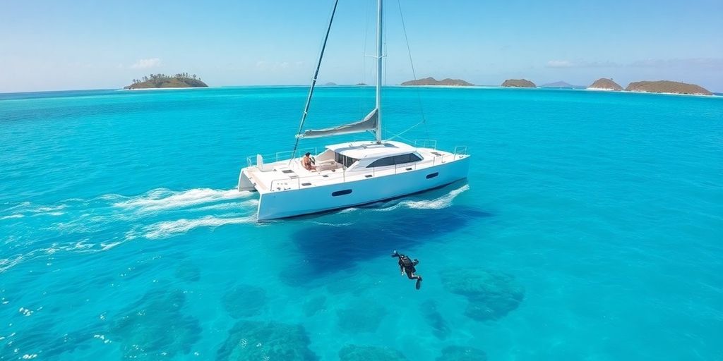 Boat sailing turquoise Caribbean waters near Belize.