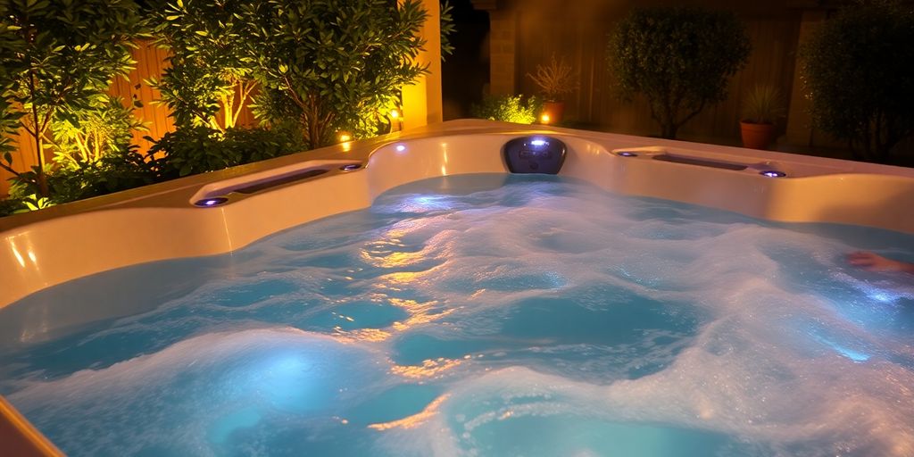 Hot tub with bubbling water, steam, and vibrant lighting.