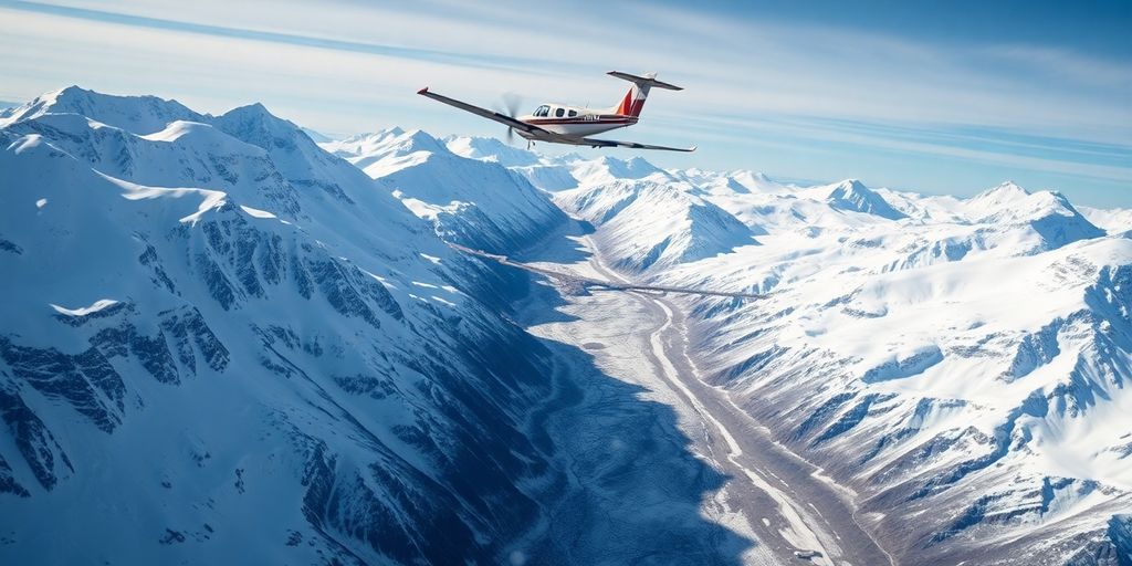 A small airplane flying over snow-covered Alaskan mountains.