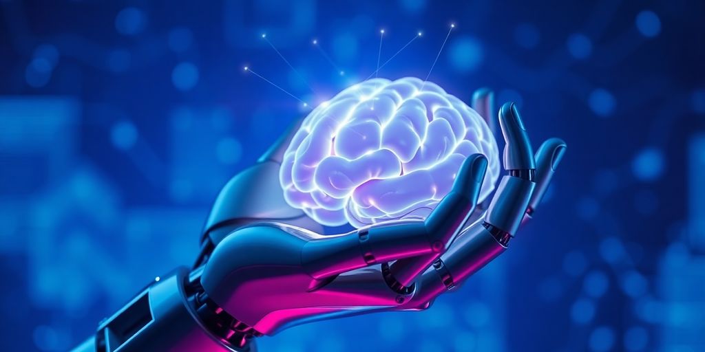 Roboterhand hält leuchtendes Gehirn mit Datenverbindungen.