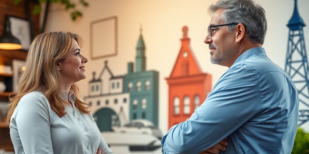 Attorney and client discussing case in local setting.