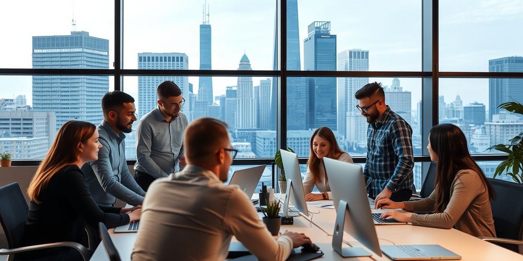 Professionals collaborating in a modern office with Chicago skyline.