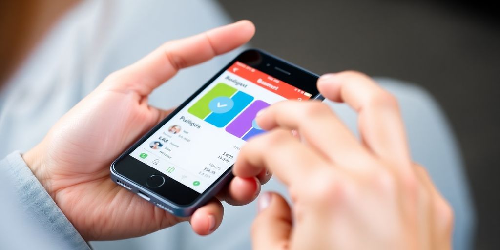 Smartphone screen with budget app and hands interacting.