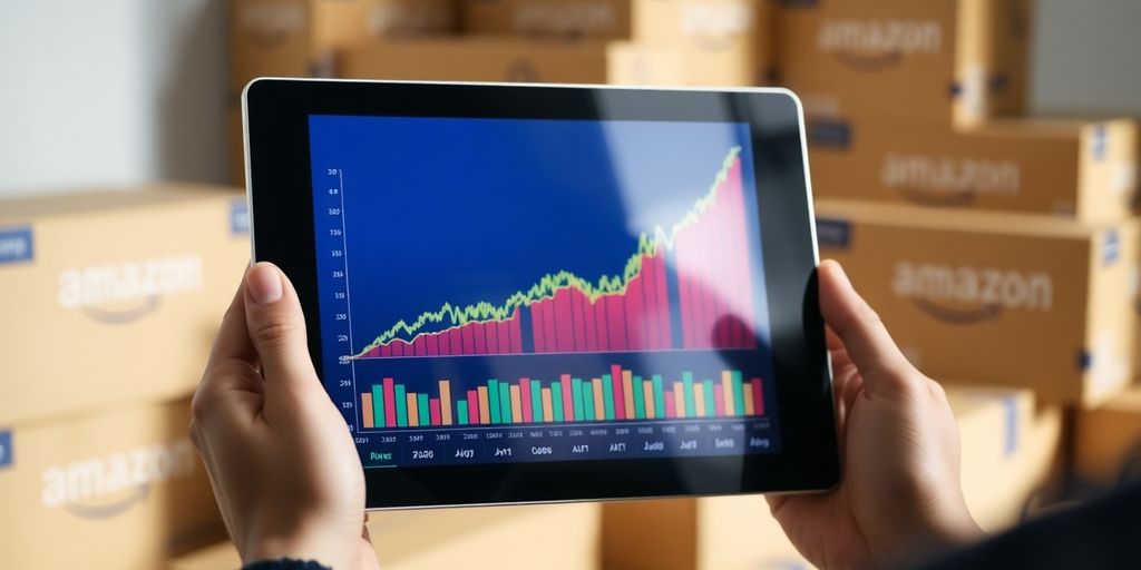 E-commerce boxes, rising stock arrows, and a world map.