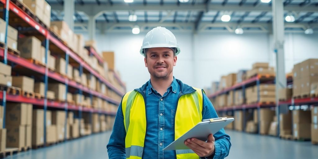 Person organizing boxes in a warehouse.