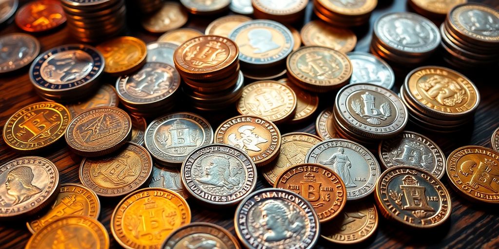 An array of rare coins on a wooden surface.