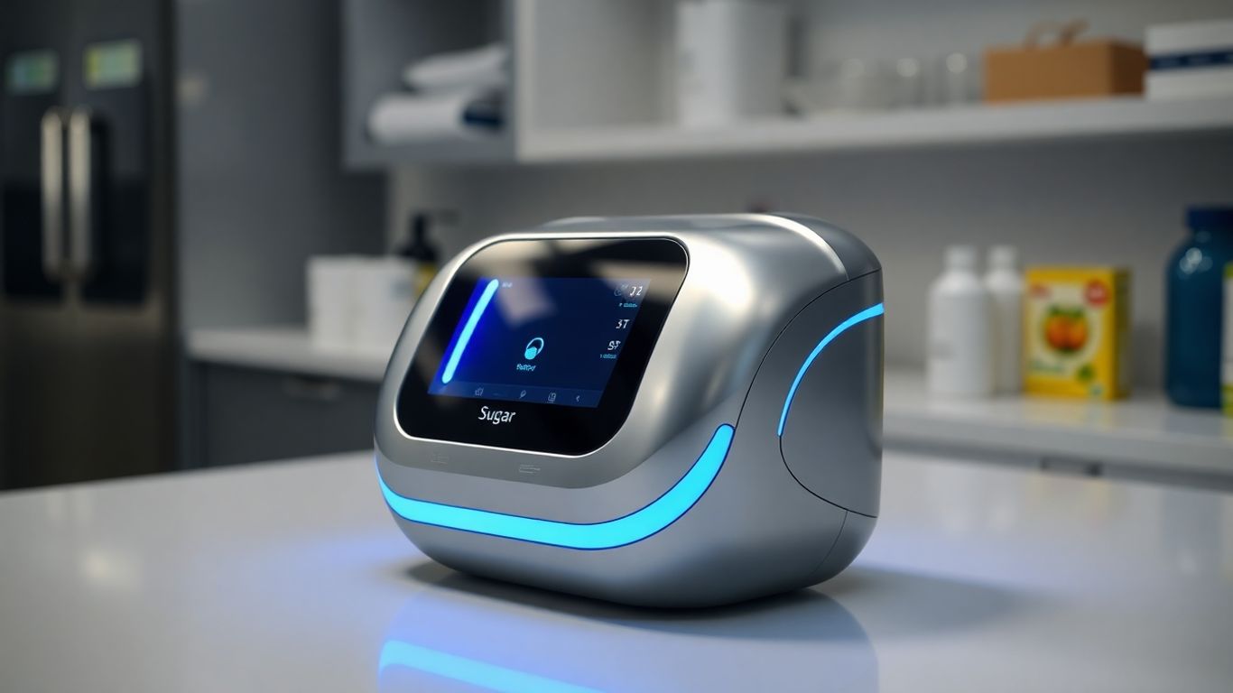 Modern sugar control machine with blue glowing accents.