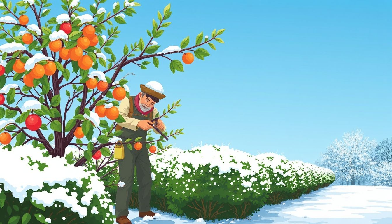 Gardener pruning fruit tree in snowy winter garden