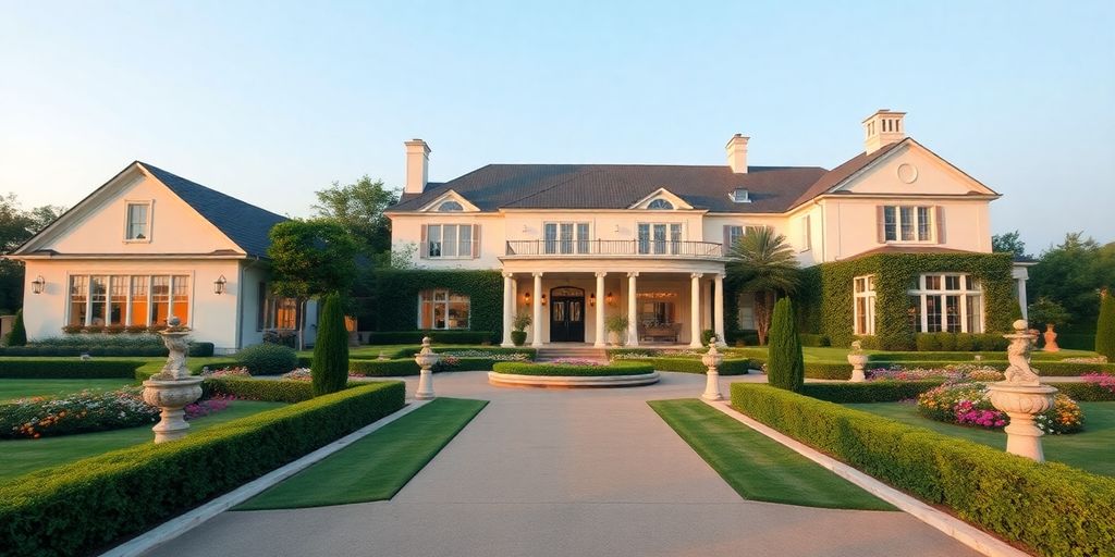 Imóvel luxuoso com jardins bem cuidados.