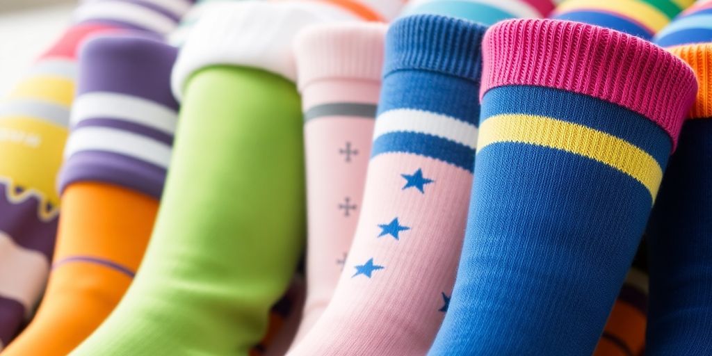 Colorful cotton knee-high socks in various styles and patterns.