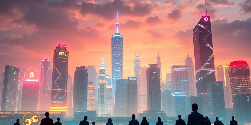 Futuristic cityscape with digital currency symbols and neon lights.