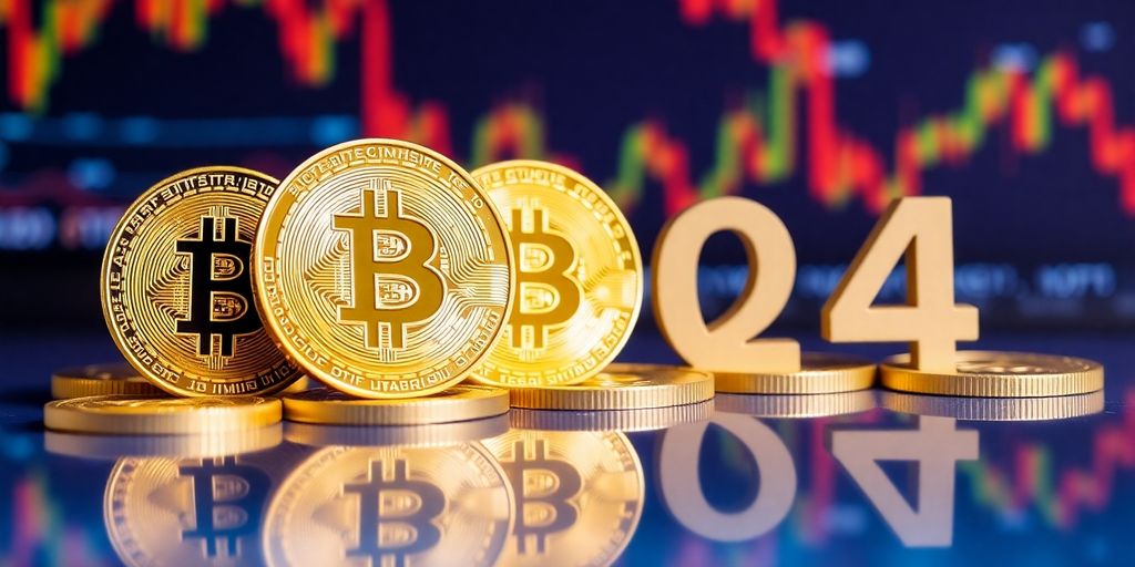 Fotografie von Bitcoin-Münzen auf digitalem Hintergrund.