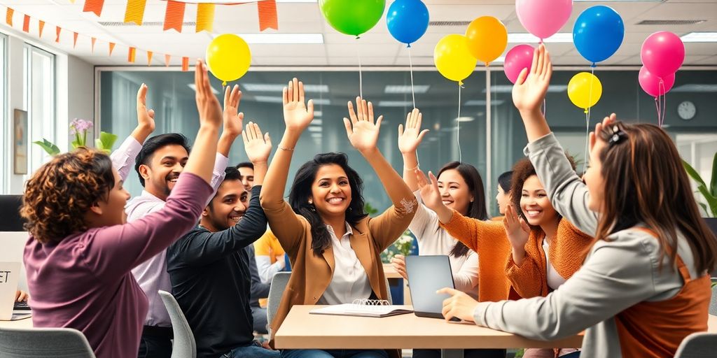 Employees celebrating success with high-fives in vibrant office.