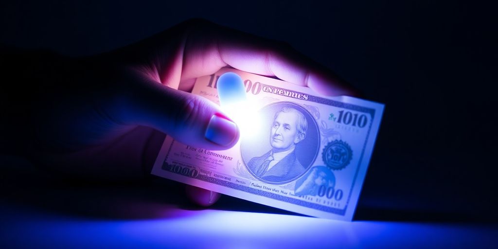 Main tenant une lampe UV sur un billet de banque