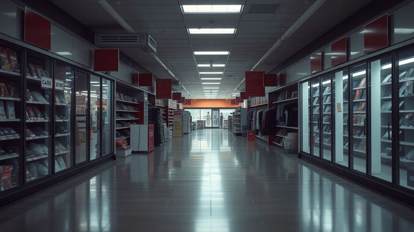 Empty retail store aisles with closed signs.