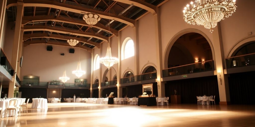 Elegant ballroom interior with natural light.