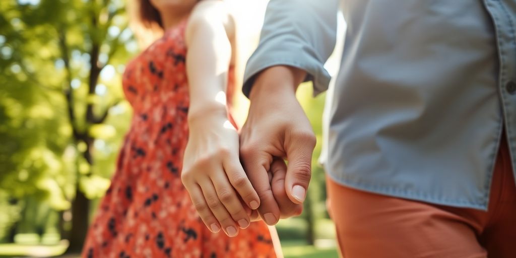Happy couple holding hands, walking in a park.