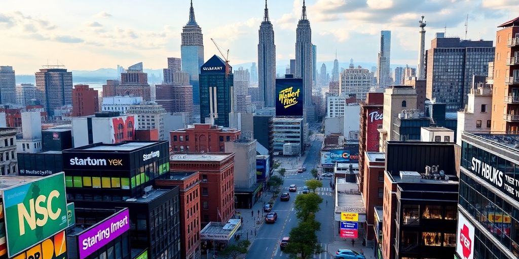 NYC skyline with startup offices and entrepreneurs collaborating.