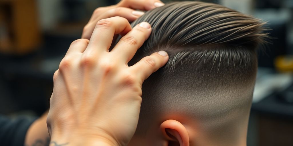 Barber meticulously trimming client's hair with clippers.