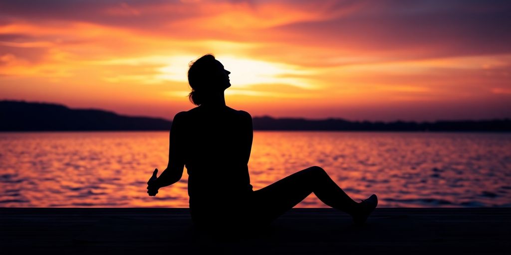 Person relaxing, serene, sunset.