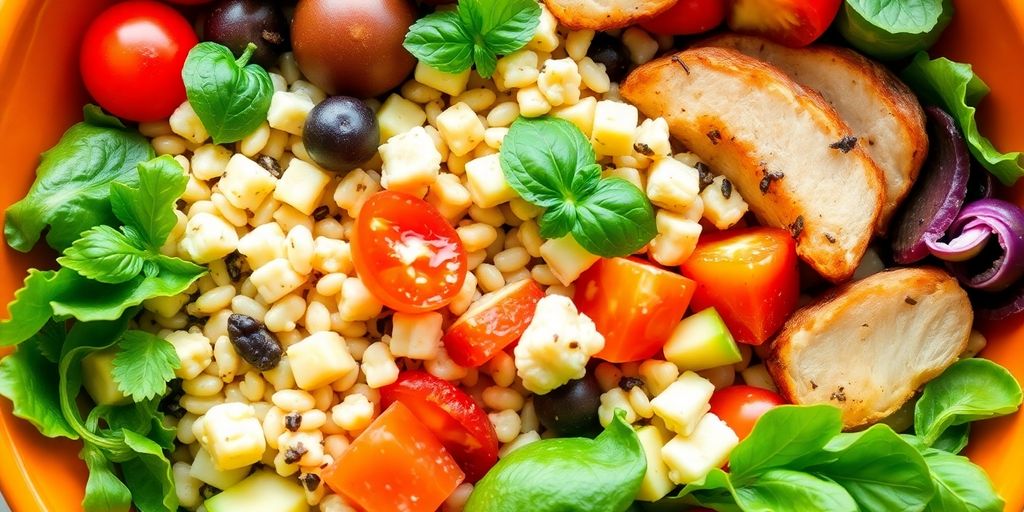 Vibrant Mediterranean meal ingredients in a bowl.