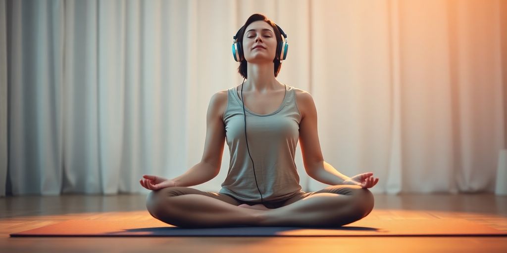 Person meditating peacefully with headphones, soft light.