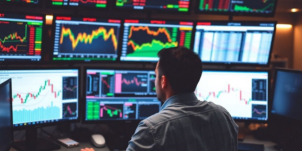 Trader surrounded by screens analyzing options in market.
