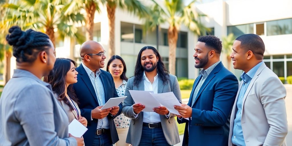 Diverse business owners discussing insurance in California.