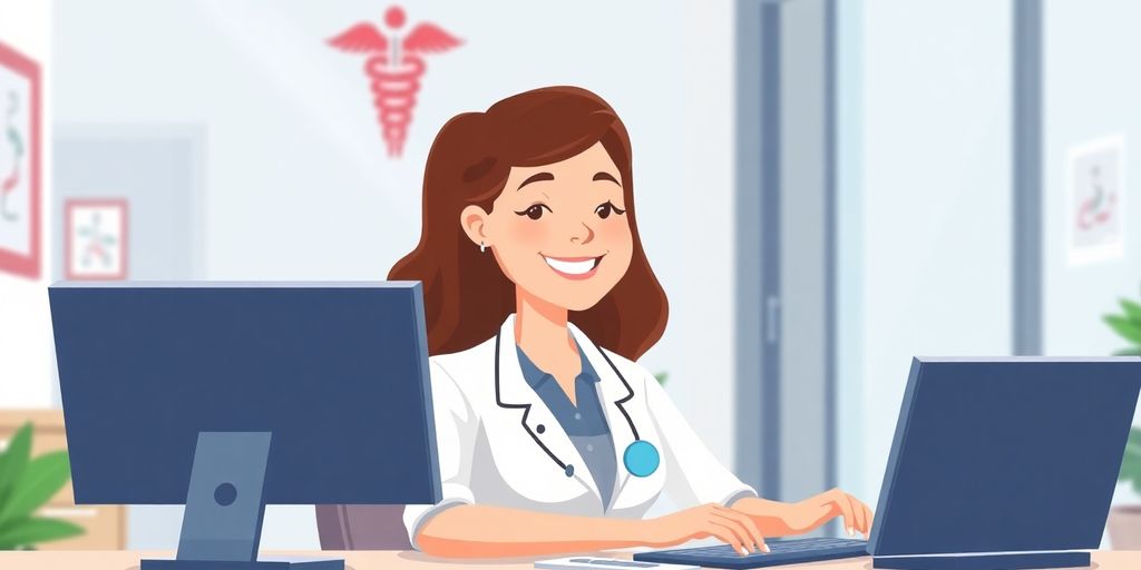 Medical administrator smiling at computer.
