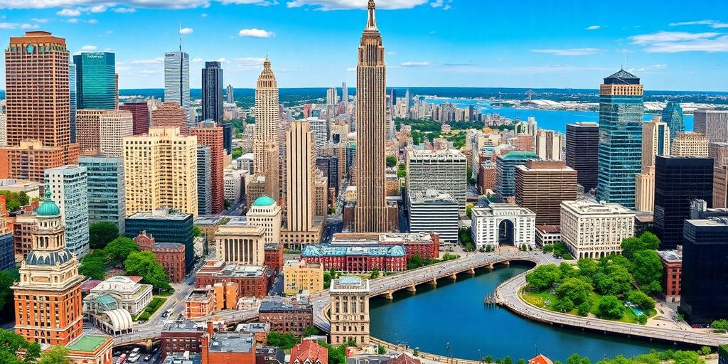 Diverse American city skylines and landscapes.