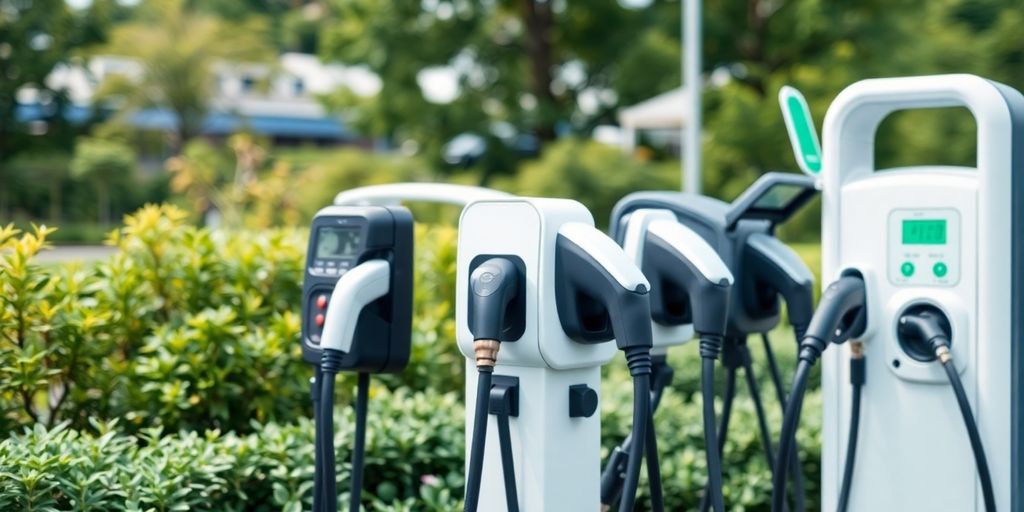 Electric vehicle chargers in an outdoor setting.