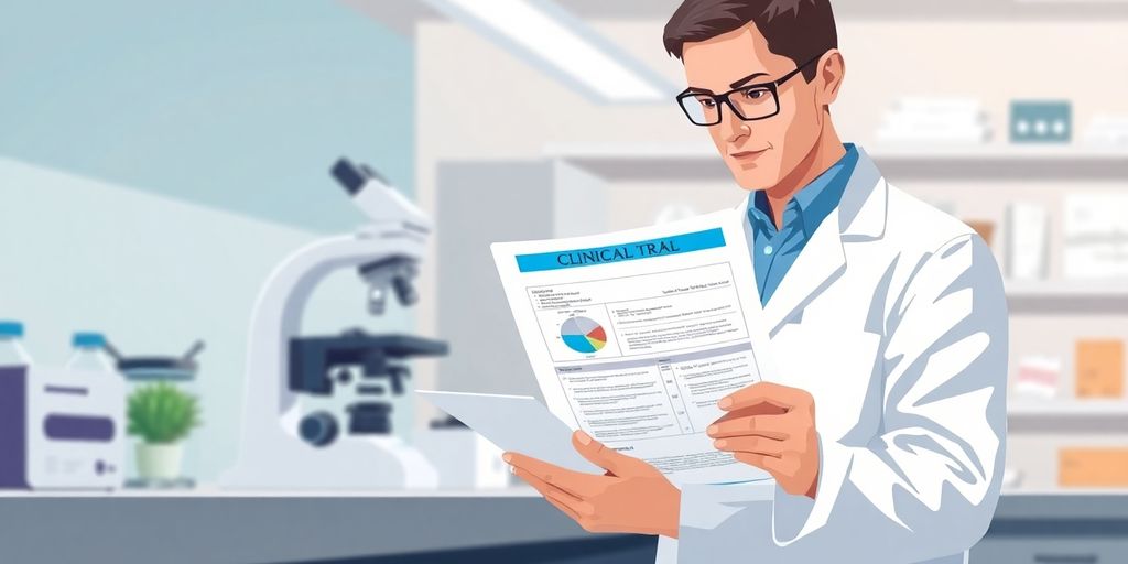 Microscope, clinical trial documents, lab.