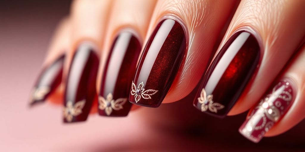 Elegant polished nails in trendy colors with nail art.