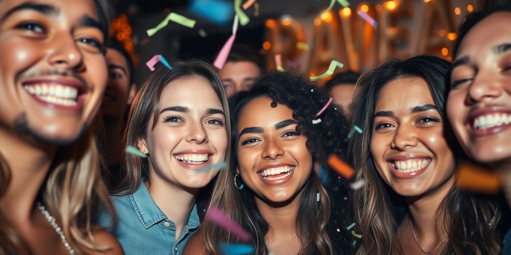 Freudige junge Leute feiern Geburtstag mit Konfetti.