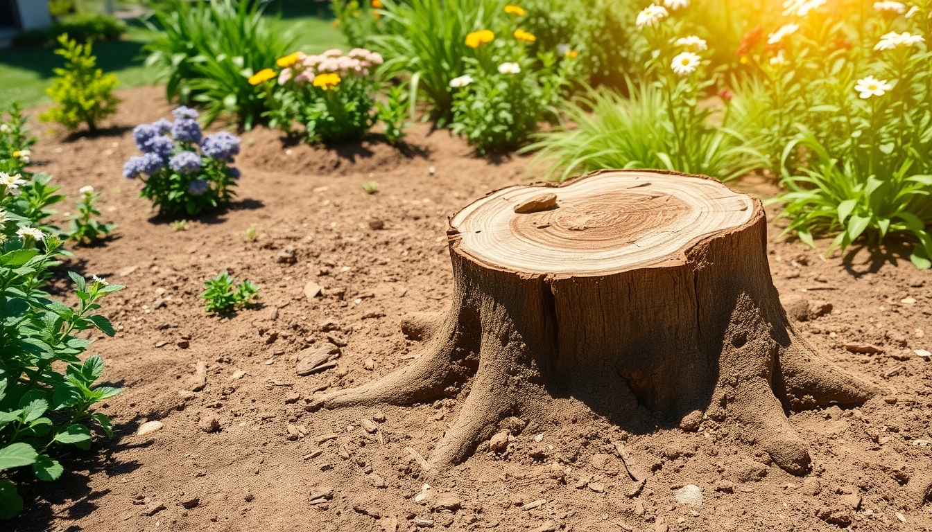 Freshly removed tree stump in a tidy garden.