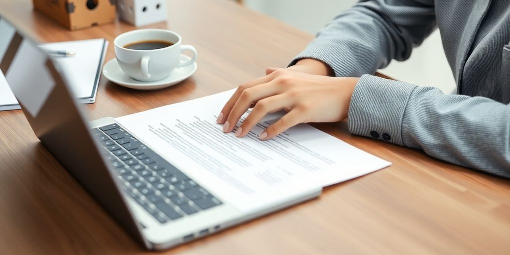 Person typing a cover letter on a laptop at a desk.
