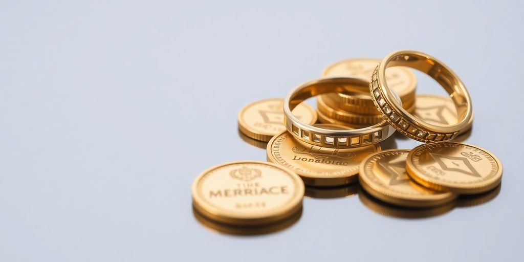 Pièces d'or et alliances sur une surface réfléchissante.