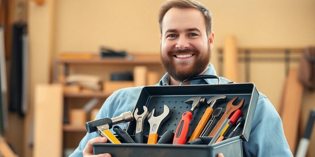Dad holding toolbox, smiling.