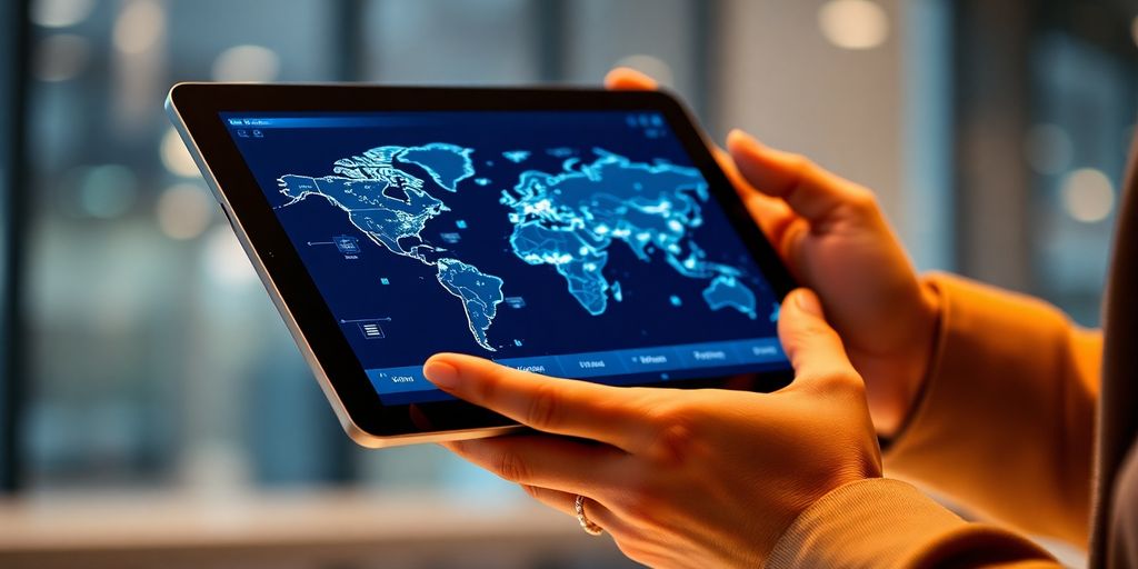 Person looking at global markets on a device.