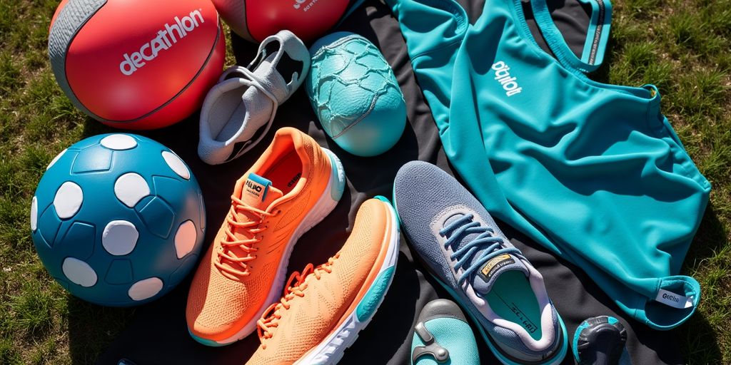 Verschiedene Sportprodukte von Decathlon in einer Outdoor-Umgebung.