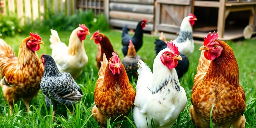 Various chicken breeds in a lush backyard setting.