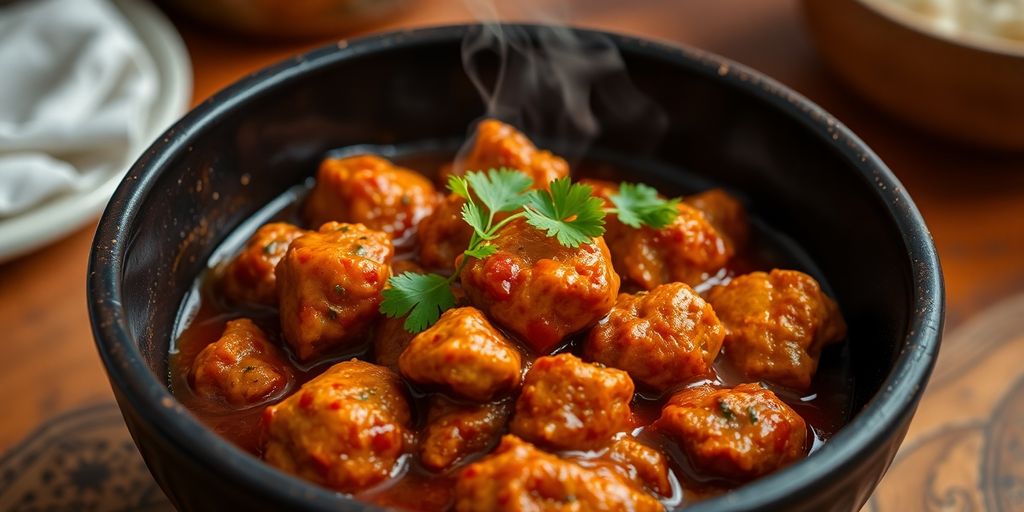Rich chicken kosha in a bowl, steam rising.