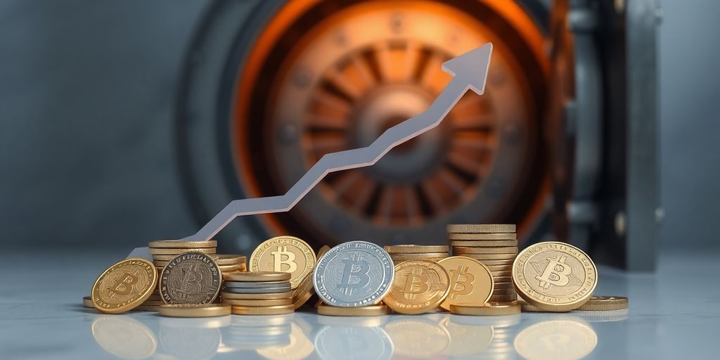 Diverse digital coins, upward arrow, secure vault.